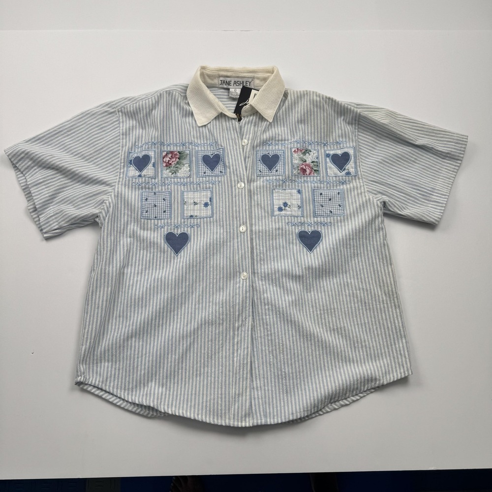 Jane Ashley Womens Large Striped Embroidered Hearts Floral Button Up Shirt Blue